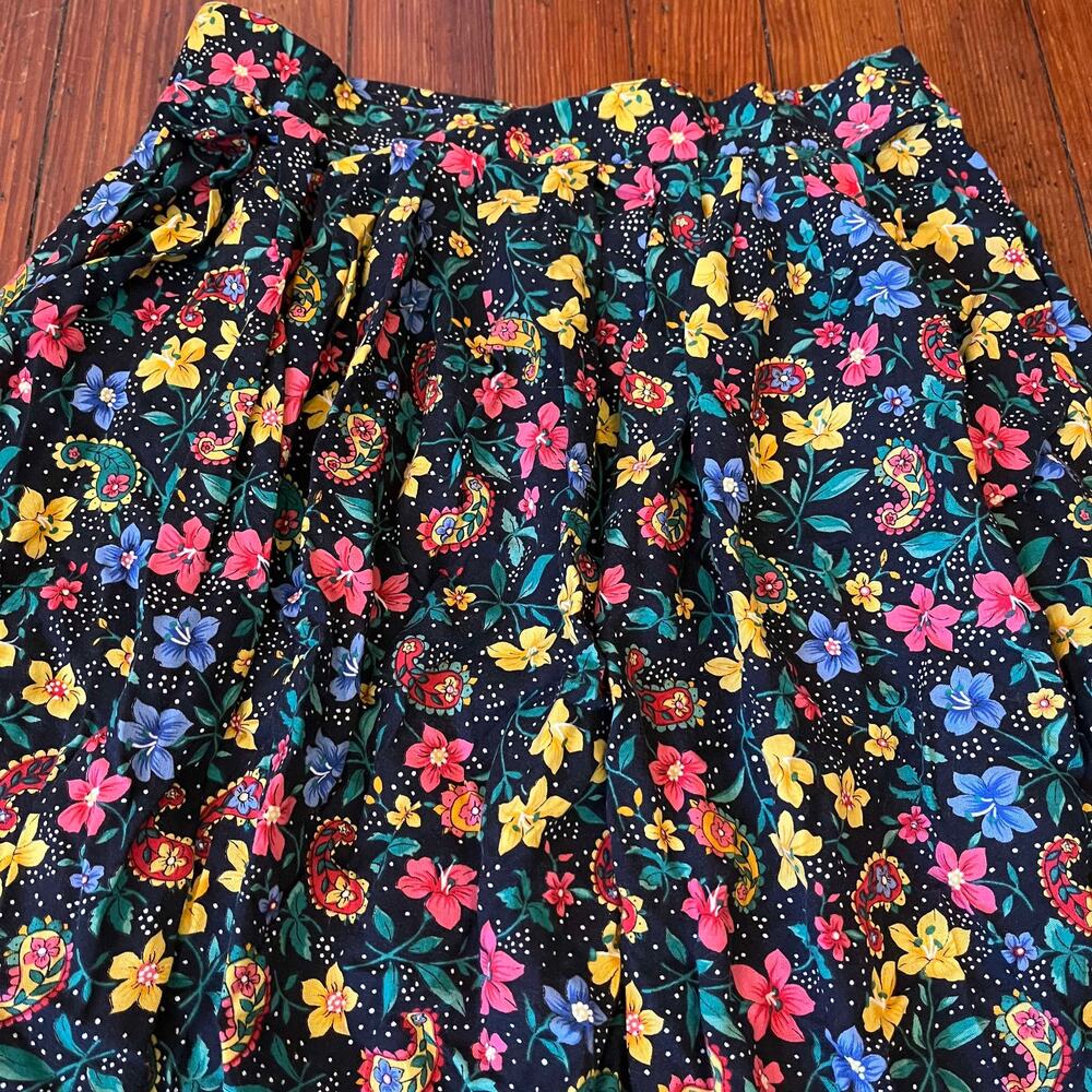 Vintage 80's Black Multicolored Floral Midi Skirt Kazz Size 28 Waist